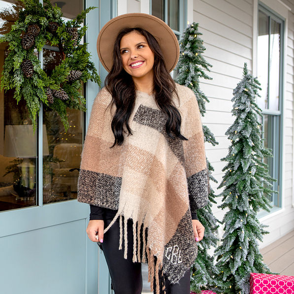 monogrammed plaid poncho for christmas