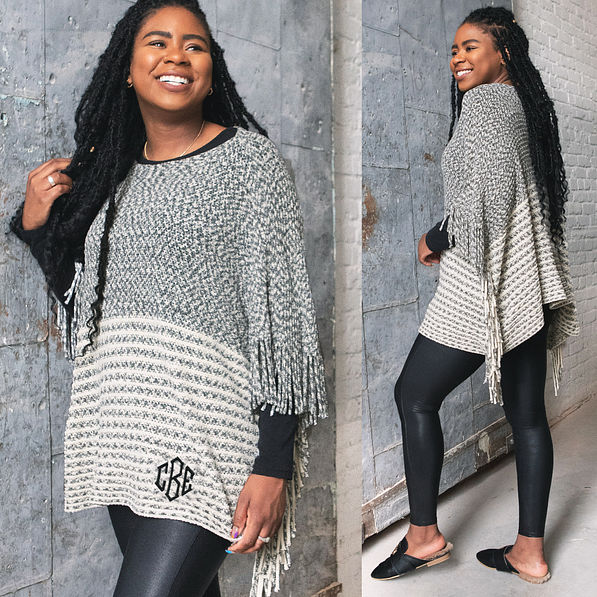 Striped Chenille Poncho in Grey