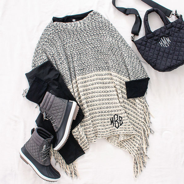 fall ootd with Striped Chenille Poncho in Grey