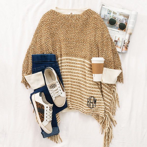 Personalized Striped Chenille Poncho in Tan ootd