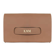 brown monogrammed clutch