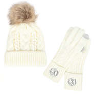 Faux pom on cream beanie with matching personalized ivory gloves