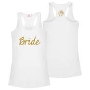 monogrammed white racerback tank top with gold bride