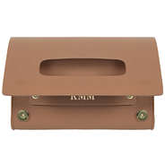 monogrammed brown clutch closing