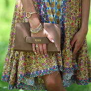 brown foil stamped clutch with boho dress