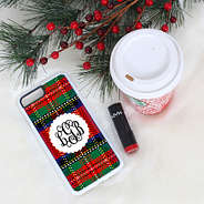 monogrammed red and green holiday plaid phone case