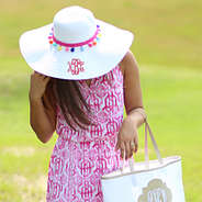 personalized white monogrammed sun hat with poms