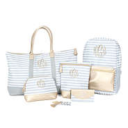 white and gray striped monogrammed travel bag collection