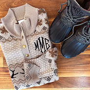 Monogrammed Knit Sweater with duck boots
