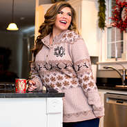 model wearing tan antlers personalized knit sweater