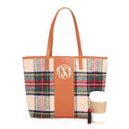 camel plaid monogrammed tote bag