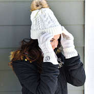 Stylish cream hat with fuzz ball and cuffed personalized glvoes