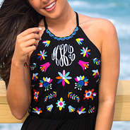 colorful floral embroidered black maxi halter dress