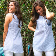 back and front view of blue seersucker sleeveless tunic shirt