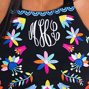 close up of embroidery on a Monogrammed Mexicali High Neck Bikini Top