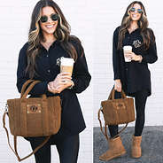 split of brunette holding sherpa crossbody bag