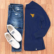 outfit with navy coastal crewneck with West Virginia Mountaineers logo