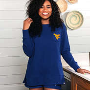 girl wearing navy coastal crewneck with West Virginia Mountaineers logo