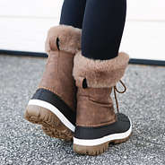 back of brown snow duck boots