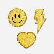 DIY Chenille Patch Symbol Set Yellow Smiley Face Lightning Bolt and Heart