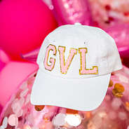 small chenille letters on hat - pink
