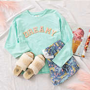 small letter patches on casual sweatshirt