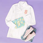 Chenille Large Letter in White and pink on packing bag and pullover sweatshirt and gingham sneakers