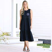front of black monogrammed ruffle midi dress