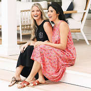 rosewood and black monogrammed midi dresses with sandals