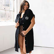 Breezy cover up on brunette not buttoned up or belted