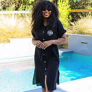 monogrammed breezy cover up buttoned up by the pool
