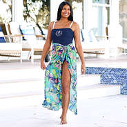 navy one piece bathing suit with luxurious navy tropical sarong