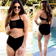 front and back of high waisted bikini bottoms in black on brunette