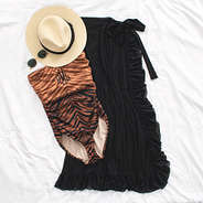 black luxurious sarong with tonal tiger one piece bathing suit