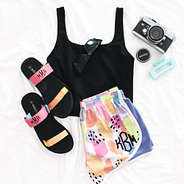 colorblock colorful sandals with melon patch running shorts
