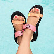 monogrammed summer colorblock slides by the pool