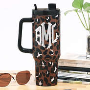 personalized travel tumbler in cheetah with plants