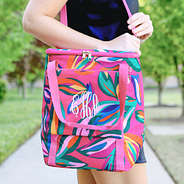 monogrammed backpack cooler with extended strap over shoulder