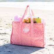 monogrammed terry tote on beach in sunlight