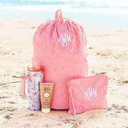 pool bag and wristlet monogrammed on beach with tumbler