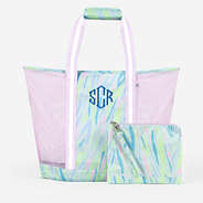 monogrammed mesh beach bag set in blue safari