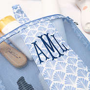 close up of personalized blue shells shower bag