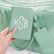 personalized travel set in mint saffiano with weekend duffle bag
