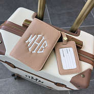 taupe luggage tag with suitcase