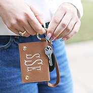 close up of tan card holder
