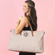 girl with monogrammed khaki pebbles weekender