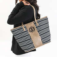 black stripes canvas tote bag on shoulder