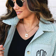 Initial Tag Necklace styled with sherpa shacket and suglasses