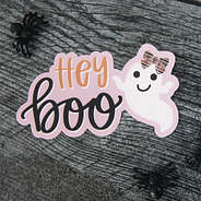 Hey Boo Sticker with Spiders on Wood