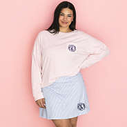 julia wearing personalized blue seersucker skort